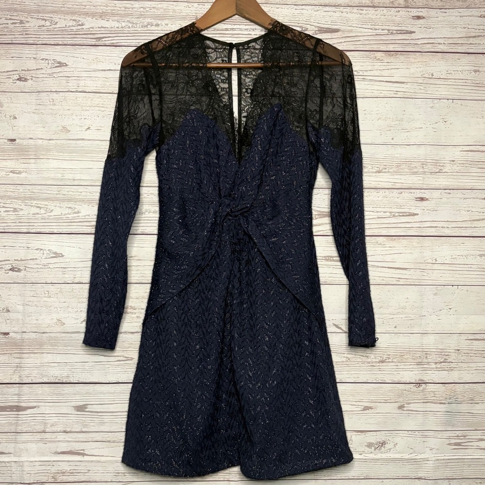 Self-Portrait Navy Blue Metallic Lace Yoke Twist Long Sleeve Mini Dress US2